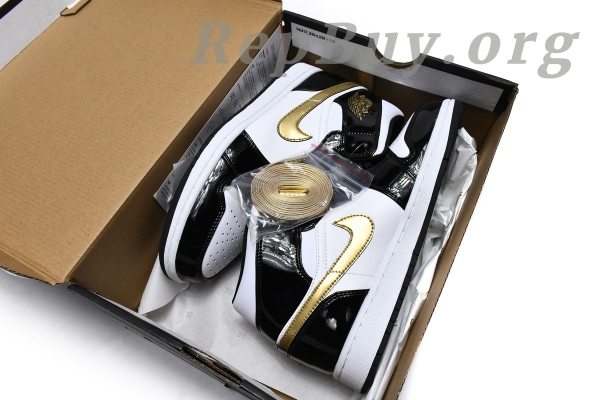 Top Version Air Jordan 1 Mid Patent Black White Gold 852542-007 - Image 16