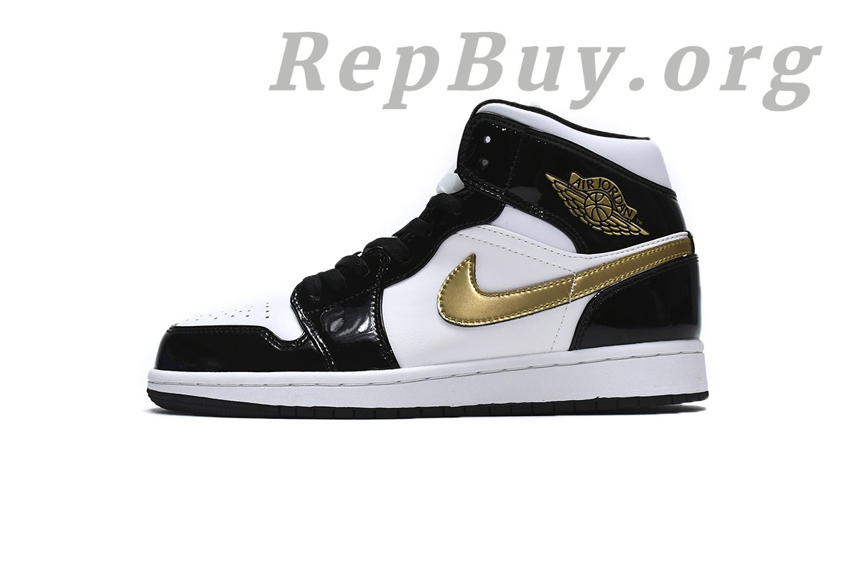 Best Top Version Air Jordan 1 Mid Patent Black White Gold 852542-007 Replica