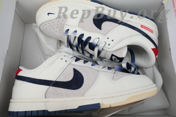 Top Version Nike Dunk Low Supreme, High Quality Replica Nike Dunk, Supreme White Grey Blue Swoosh, FC1688-142 Replica, Best Copy Nike Dunk Low, 1:1 Replica Sneakers, Premium Fake Nike Shoes, Supreme Dunk Replica