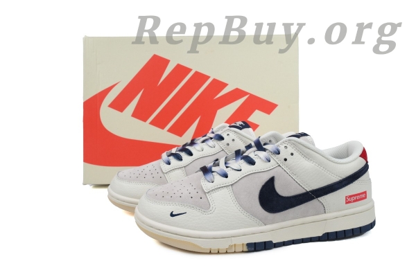 Top Version Nike Dunk Low Supreme, High Quality Replica Nike Dunk, Supreme White Grey Blue Swoosh, FC1688-142 Replica, Best Copy Nike Dunk Low, 1:1 Replica Sneakers, Premium Fake Nike Shoes, Supreme Dunk Replica