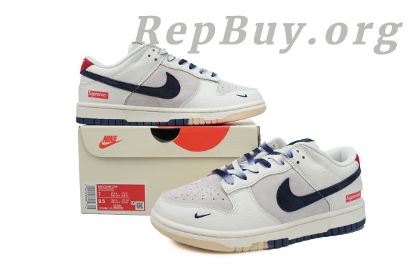 Top Version Nike Dunk Low Supreme, High Quality Replica Nike Dunk, Supreme White Grey Blue Swoosh, FC1688-142 Replica, Best Copy Nike Dunk Low, 1:1 Replica Sneakers, Premium Fake Nike Shoes, Supreme Dunk Replica