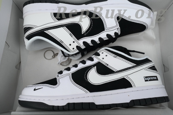Top Version Nike Dunk Low Supreme, High Quality Replica Nike Dunk, Custom Supreme Black White Sneakers, FC1688-144 Replica, Best Fake Nike Dunk Low, Supreme Collaboration Sneakers, Premium Replica Shoes, Nike Dunk Custom Double Hook