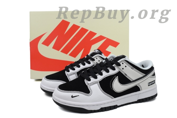 Top Version Nike Dunk Low Supreme, High Quality Replica Nike Dunk, Custom Supreme Black White Sneakers, FC1688-144 Replica, Best Fake Nike Dunk Low, Supreme Collaboration Sneakers, Premium Replica Shoes, Nike Dunk Custom Double Hook