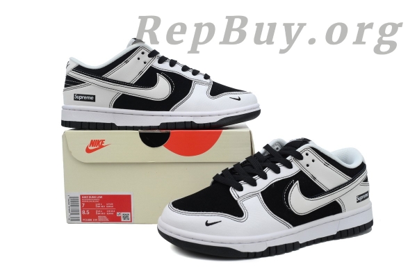 Top Version Nike Dunk Low Supreme, High Quality Replica Nike Dunk, Custom Supreme Black White Sneakers, FC1688-144 Replica, Best Fake Nike Dunk Low, Supreme Collaboration Sneakers, Premium Replica Shoes, Nike Dunk Custom Double Hook
