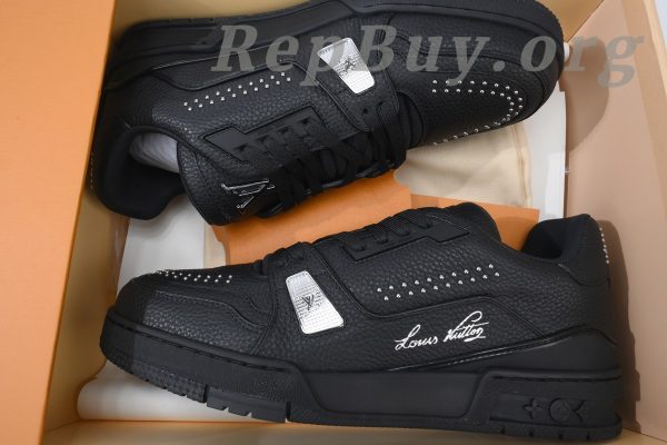 Louis Vuitton LV Trainer Sneaker Black Rivets 1ADDCJ, high quality replica LV Trainer, best replica sneakers, luxury replica shoes, LV Trainer copy, designer replica sneakers, AAA quality LV shoes, premium replica footwear, Louis Vuitton sneaker dupes, black rivets LV shoes