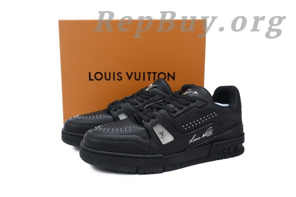 Louis Vuitton LV Trainer Sneaker Black Rivets 1ADDCJ, high quality replica LV Trainer, best replica sneakers, luxury replica shoes, LV Trainer copy, designer replica sneakers, AAA quality LV shoes, premium replica footwear, Louis Vuitton sneaker dupes, black rivets LV shoes