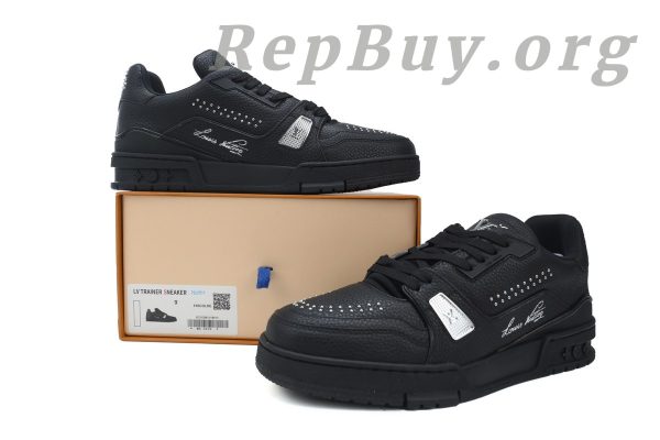 Louis Vuitton LV Trainer Sneaker Black Rivets 1ADDCJ, high quality replica LV Trainer, best replica sneakers, luxury replica shoes, LV Trainer copy, designer replica sneakers, AAA quality LV shoes, premium replica footwear, Louis Vuitton sneaker dupes, black rivets LV shoes