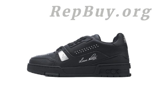 Louis Vuitton LV Trainer Sneaker Black Rivets 1ADDCJ, high quality replica LV Trainer, best replica sneakers, luxury replica shoes, LV Trainer copy, designer replica sneakers, AAA quality LV shoes, premium replica footwear, Louis Vuitton sneaker dupes, black rivets LV shoes