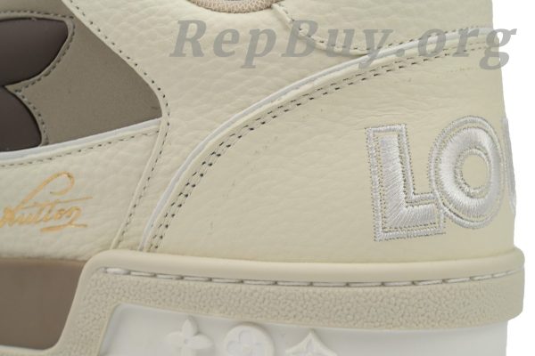 Louis Vuitton LV Trainer Sneaker, LV Monogram Flower, Beige Sneaker, 1ACW44 Replica, High Quality Replica Sneakers, Designer Sneaker Copy, LV Trainer Dupes, Luxury Sneaker Replica, Best LV Trainer Reps, Premium Replica Shoes