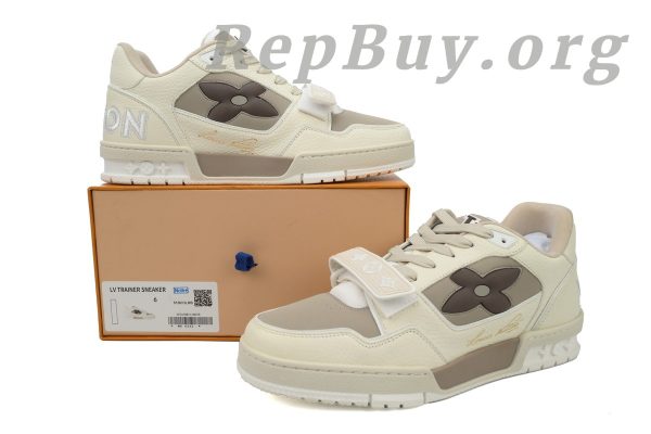 Louis Vuitton LV Trainer Sneaker, LV Monogram Flower, Beige Sneaker, 1ACW44 Replica, High Quality Replica Sneakers, Designer Sneaker Copy, LV Trainer Dupes, Luxury Sneaker Replica, Best LV Trainer Reps, Premium Replica Shoes