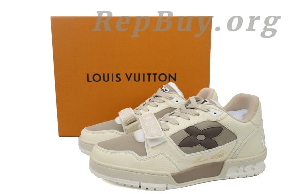 Louis Vuitton LV Trainer Sneaker, LV Monogram Flower, Beige Sneaker, 1ACW44 Replica, High Quality Replica Sneakers, Designer Sneaker Copy, LV Trainer Dupes, Luxury Sneaker Replica, Best LV Trainer Reps, Premium Replica Shoes