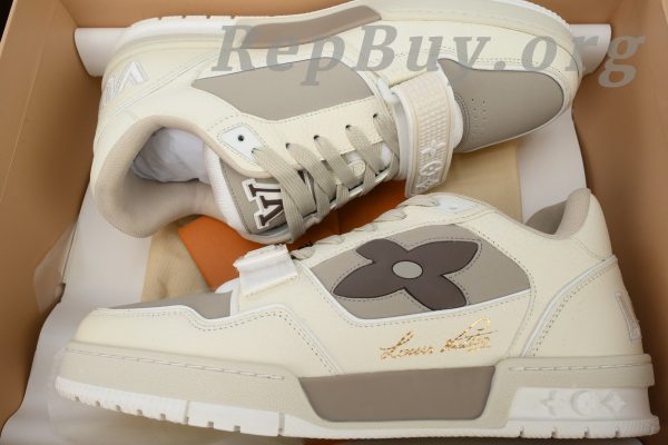 Louis Vuitton LV Trainer Sneaker, LV Monogram Flower, Beige Sneaker, 1ACW44 Replica, High Quality Replica Sneakers, Designer Sneaker Copy, LV Trainer Dupes, Luxury Sneaker Replica, Best LV Trainer Reps, Premium Replica Shoes