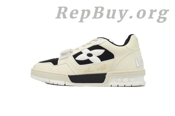 Louis Vuitton LV Trainer Sneaker, LV Trainer replica, high quality LV sneaker copy, best LV Trainer rep, 1ACW44 white and black, luxury replica sneakers, designer sneaker dupes, LV Trainer white black replica, premium LV sneaker imitation