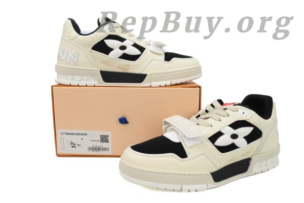 Louis Vuitton LV Trainer Sneaker, LV Trainer replica, high quality LV sneaker copy, best LV Trainer rep, 1ACW44 white and black, luxury replica sneakers, designer sneaker dupes, LV Trainer white black replica, premium LV sneaker imitation