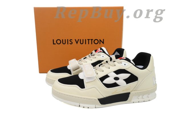 Louis Vuitton LV Trainer Sneaker, LV Trainer replica, high quality LV sneaker copy, best LV Trainer rep, 1ACW44 white and black, luxury replica sneakers, designer sneaker dupes, LV Trainer white black replica, premium LV sneaker imitation