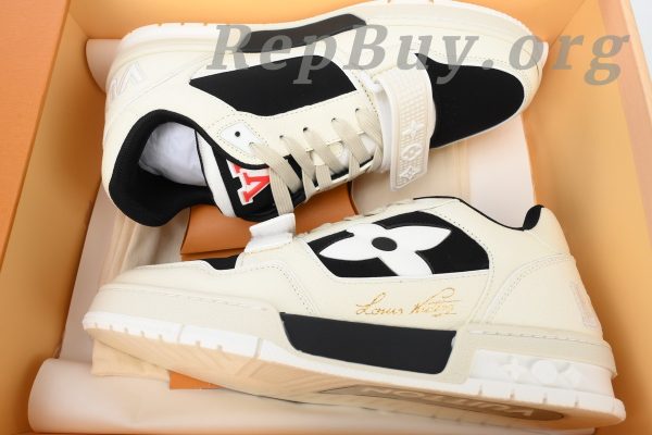 Louis Vuitton LV Trainer Sneaker, LV Trainer replica, high quality LV sneaker copy, best LV Trainer rep, 1ACW44 white and black, luxury replica sneakers, designer sneaker dupes, LV Trainer white black replica, premium LV sneaker imitation