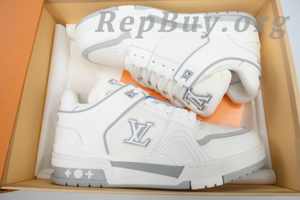 Louis Vuitton LV Trainer Sneaker White Cement, high quality replica LV Trainer, best LV sneaker copy, 1:1 replica LV shoes, luxury replica sneakers, designer copy shoes, LV Trainer White Cement rep, premium replica sneakers, LV CK24071801 replica