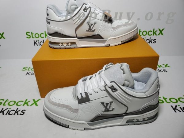 Louis Vuitton LV Trainer Sneaker White Cement, high quality replica LV Trainer, best LV sneaker copy, 1:1 replica LV shoes, luxury replica sneakers, designer copy shoes, LV Trainer White Cement rep, premium replica sneakers, LV CK24071801 replica