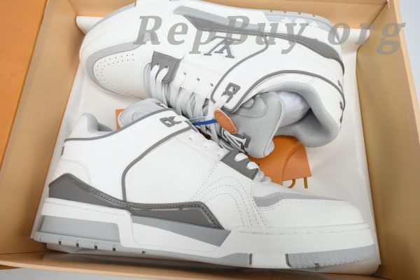 Louis Vuitton LV Trainer Sneaker replica, high quality LV Trainer rep shoes, best white grey LV sneakers, 1:1 LV Trainer copy, luxury replica sneakers, designer fake shoes, LV XD CK24071805 rep, premium LV Trainer dupes, top quality LV white grey sneakers, AAA replica LV shoes