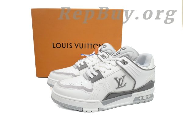 Louis Vuitton LV Trainer Sneaker replica, high quality LV Trainer rep shoes, best white grey LV sneakers, 1:1 LV Trainer copy, luxury replica sneakers, designer fake shoes, LV XD CK24071805 rep, premium LV Trainer dupes, top quality LV white grey sneakers, AAA replica LV shoes