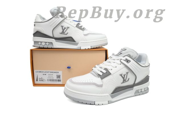 Louis Vuitton LV Trainer Sneaker replica, high quality LV Trainer rep shoes, best white grey LV sneakers, 1:1 LV Trainer copy, luxury replica sneakers, designer fake shoes, LV XD CK24071805 rep, premium LV Trainer dupes, top quality LV white grey sneakers, AAA replica LV shoes