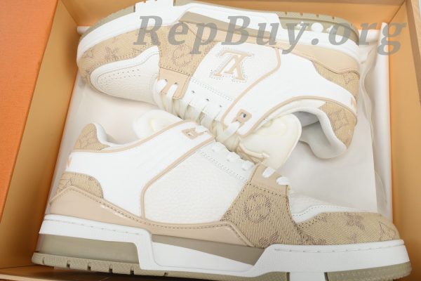 Louis Vuitton LV Trainer Sneaker replica, high quality LV Trainer rep, best LV white khaki sneaker copy, 1:1 LV XD CK24071807 rep, luxury replica sneakers, top quality LV Trainer dupes, LV white khaki shoes clone, perfect LV sneaker replica, designer shoe rep
