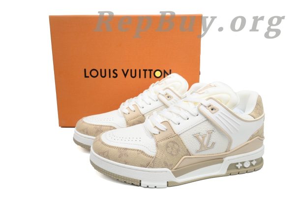 Louis Vuitton LV Trainer Sneaker replica, high quality LV Trainer rep, best LV white khaki sneaker copy, 1:1 LV XD CK24071807 rep, luxury replica sneakers, top quality LV Trainer dupes, LV white khaki shoes clone, perfect LV sneaker replica, designer shoe rep