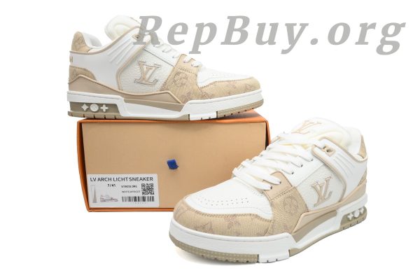 Louis Vuitton LV Trainer Sneaker replica, high quality LV Trainer rep, best LV white khaki sneaker copy, 1:1 LV XD CK24071807 rep, luxury replica sneakers, top quality LV Trainer dupes, LV white khaki shoes clone, perfect LV sneaker replica, designer shoe rep