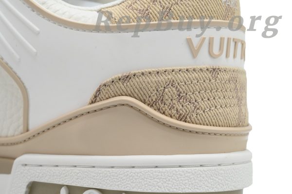 Louis Vuitton LV Trainer Sneaker replica, high quality LV Trainer rep, best LV white khaki sneaker copy, 1:1 LV XD CK24071807 rep, luxury replica sneakers, top quality LV Trainer dupes, LV white khaki shoes clone, perfect LV sneaker replica, designer shoe rep