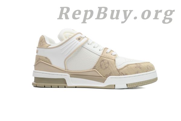 Louis Vuitton LV Trainer Sneaker replica, high quality LV Trainer rep, best LV white khaki sneaker copy, 1:1 LV XD CK24071807 rep, luxury replica sneakers, top quality LV Trainer dupes, LV white khaki shoes clone, perfect LV sneaker replica, designer shoe rep