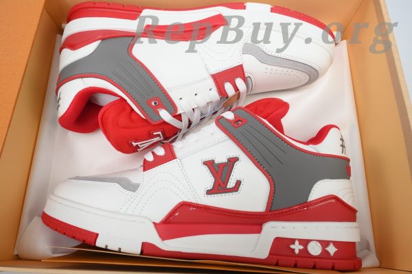 Louis Vuitton LV Trainer Sneaker, LV Trainer replica, high quality replica sneakers, best LV Trainer copy, white red LV shoes, luxury sneaker dupes, 1:1 LV Trainer, designer replica shoes, LV XD CK24071806, premium fake sneakers