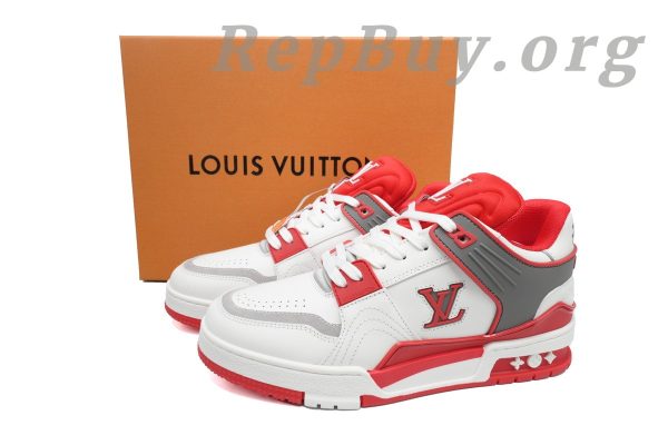 Louis Vuitton LV Trainer Sneaker, LV Trainer replica, high quality replica sneakers, best LV Trainer copy, white red LV shoes, luxury sneaker dupes, 1:1 LV Trainer, designer replica shoes, LV XD CK24071806, premium fake sneakers
