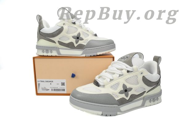 Louis Vuitton Skate Sneaker Grey replica, high quality LV Skate Sneaker copy, 1ACQP4 fake shoes, best LV sneaker dupes, designer replica sneakers, luxury knockoff shoes, LV grey skate shoes imitation