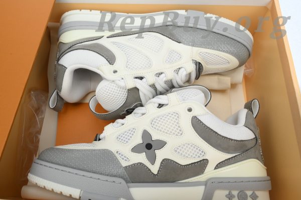 Louis Vuitton Skate Sneaker Grey replica, high quality LV Skate Sneaker copy, 1ACQP4 fake shoes, best LV sneaker dupes, designer replica sneakers, luxury knockoff shoes, LV grey skate shoes imitation