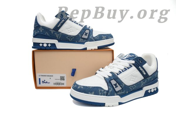 Louis Vuitton Trainer Blue 1A9JGT, high quality replica Louis Vuitton shoes, best LV sneakers copy, premium imitation LV trainers, luxury designer replica footwear, 1:1 LV blue sneakers, top grade LV shoe replicas