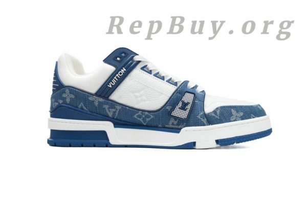 Louis Vuitton Trainer Blue 1A9JGT, high quality replica Louis Vuitton shoes, best LV sneakers copy, premium imitation LV trainers, luxury designer replica footwear, 1:1 LV blue sneakers, top grade LV shoe replicas