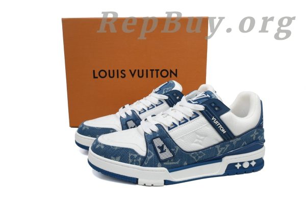 Louis Vuitton Trainer Blue 1A9JGT, high quality replica Louis Vuitton shoes, best LV sneakers copy, premium imitation LV trainers, luxury designer replica footwear, 1:1 LV blue sneakers, top grade LV shoe replicas