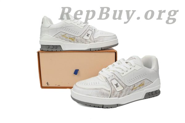 Louis Vuitton Trainer Sneaker replica, high quality LV sneaker copy, alligator leather shoes, grey white LV trainers, best LV sneaker dupes, luxury designer replica shoes, 1:1 LV trainers, premium replica sneakers