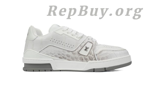 Louis Vuitton Trainer Sneaker replica, high quality LV sneaker copy, alligator leather shoes, grey white LV trainers, best LV sneaker dupes, luxury designer replica shoes, 1:1 LV trainers, premium replica sneakers