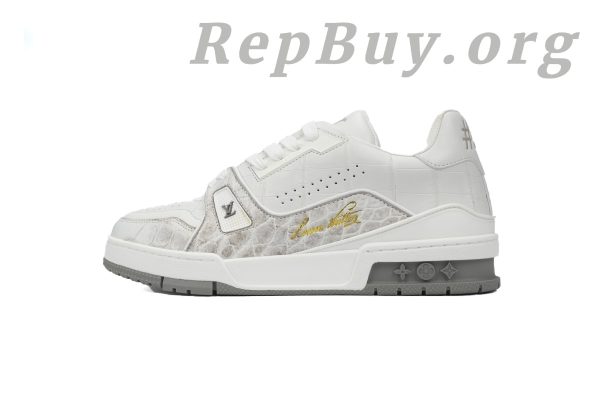 Louis Vuitton Trainer Sneaker replica, high quality LV sneaker copy, alligator leather shoes, grey white LV trainers, best LV sneaker dupes, luxury designer replica shoes, 1:1 LV trainers, premium replica sneakers