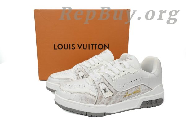 Louis Vuitton Trainer Sneaker replica, high quality LV sneaker copy, alligator leather shoes, grey white LV trainers, best LV sneaker dupes, luxury designer replica shoes, 1:1 LV trainers, premium replica sneakers