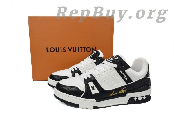 Louis Vuitton Trainer Sneaker replica, LV Alligator Leather Tongue sneakers, high quality LV Trainer rep, best LV white black sneakers, 1:1 Louis Vuitton shoes copy, luxury replica sneakers