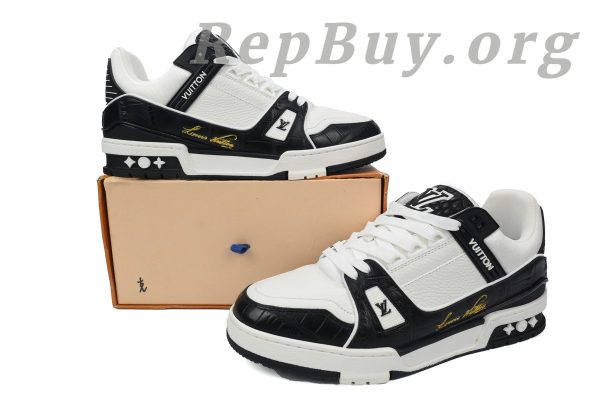 Louis Vuitton Trainer Sneaker replica, LV Alligator Leather Tongue sneakers, high quality LV Trainer rep, best LV white black sneakers, 1:1 Louis Vuitton shoes copy, luxury replica sneakers