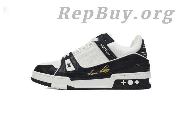 Louis Vuitton Trainer Sneaker replica, LV Alligator Leather Tongue sneakers, high quality LV Trainer rep, best LV white black sneakers, 1:1 Louis Vuitton shoes copy, luxury replica sneakers