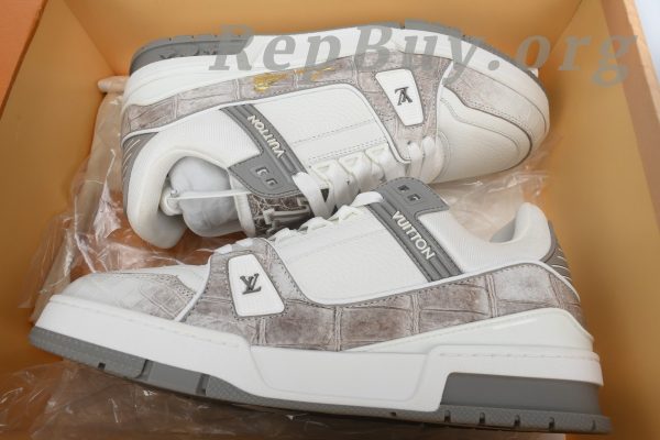Louis Vuitton Trainer Sneaker replica, high quality LV sneakers, Alligator leather shoes, white gray LV trainers, best LV sneaker copy, luxury designer replica shoes, 1:1 LV trainers, premium Louis Vuitton dupes