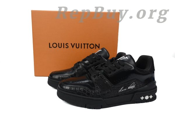 Louis Vuitton Trainer Sneaker replica, high quality LV sneaker copy, best LV Trainer rep, 1:1 Louis Vuitton Alligator Leather shoes, luxury black LV sneaker replica, premium replica sneakers, Louis Vuitton black Trainer dupes, top quality LV Alligator Leather sneakers