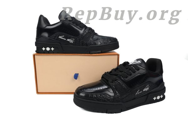 Louis Vuitton Trainer Sneaker replica, high quality LV sneaker copy, best LV Trainer rep, 1:1 Louis Vuitton Alligator Leather shoes, luxury black LV sneaker replica, premium replica sneakers, Louis Vuitton black Trainer dupes, top quality LV Alligator Leather sneakers