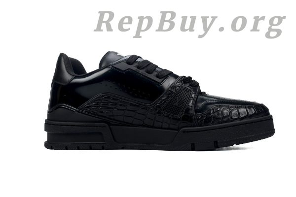 Louis Vuitton Trainer Sneaker replica, high quality LV sneaker copy, best LV Trainer rep, 1:1 Louis Vuitton Alligator Leather shoes, luxury black LV sneaker replica, premium replica sneakers, Louis Vuitton black Trainer dupes, top quality LV Alligator Leather sneakers