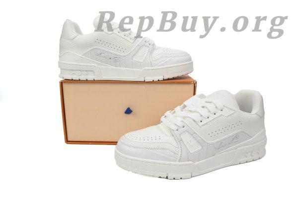 Louis Vuitton Trainer Sneaker replica, high quality LV sneaker copy, best LV Trainer rep, white alligator leather LV shoes, 1:1 Louis Vuitton sneaker, luxury replica sneakers, top tier LV Trainer dupes