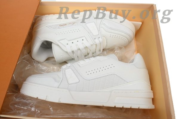 Louis Vuitton Trainer Sneaker replica, high quality LV sneaker copy, best LV Trainer rep, white alligator leather LV shoes, 1:1 Louis Vuitton sneaker, luxury replica sneakers, top tier LV Trainer dupes